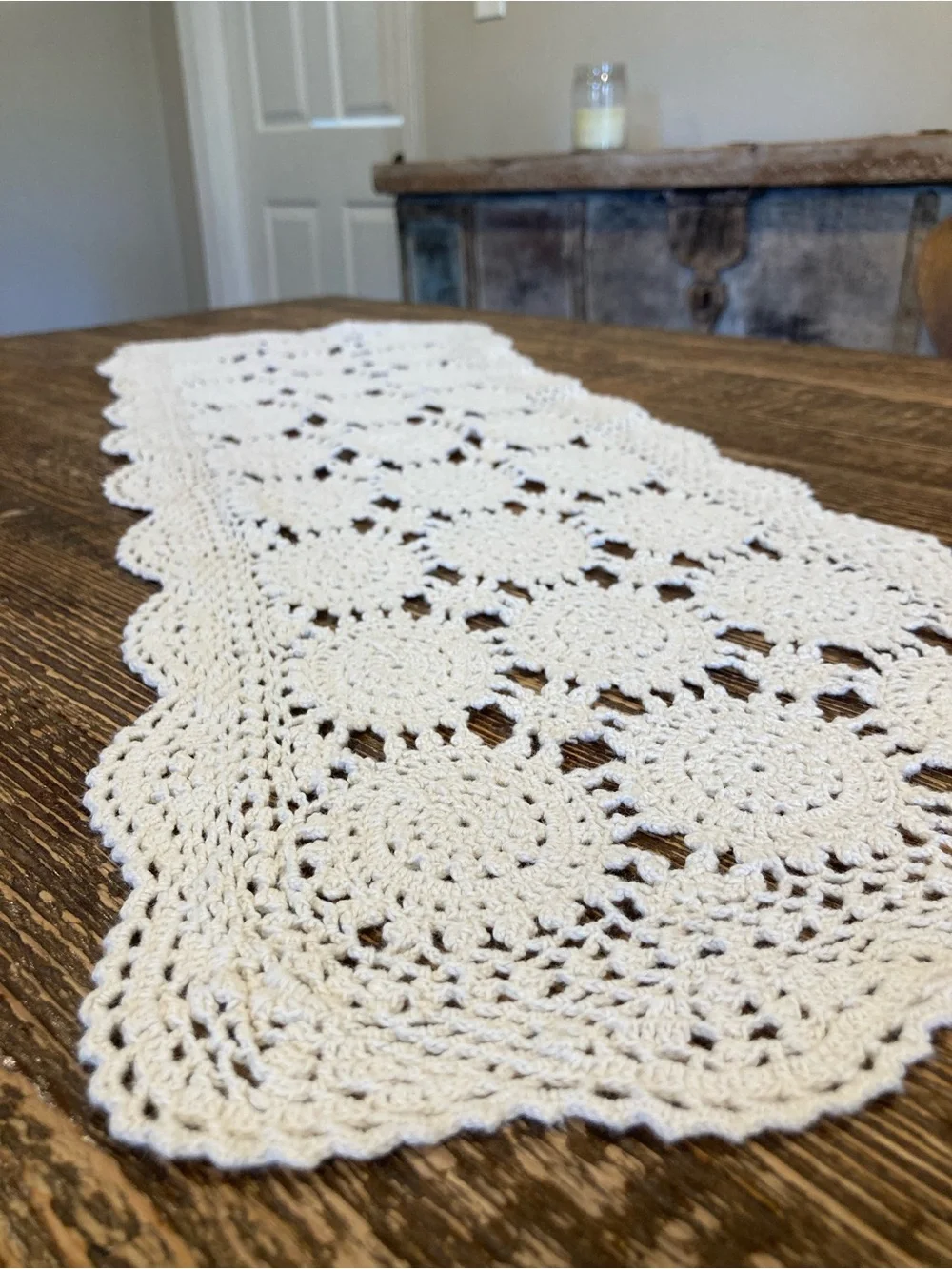 Hand Crochet Rectangle Doily 100% Cotton Made in China Cream Colored 30.5” Long